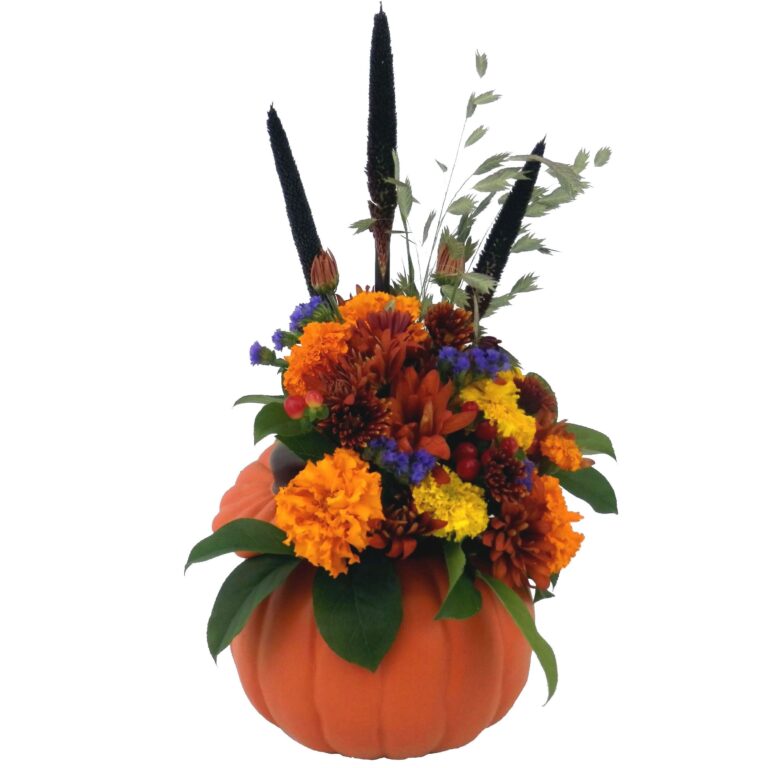 Fall flowers arranged in a ceramic pumpkin. Perfect for Autumn celebrations.