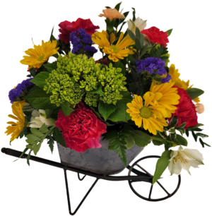 Cute wheel container with bright blooms