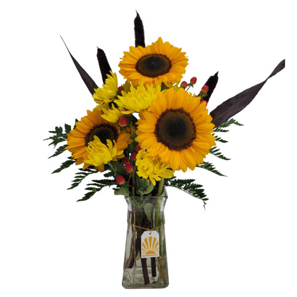 Floral arrangement featuring sunflowers and chrysanthemums.