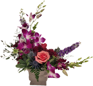 Crescent-shaped flower bouquet featuring orchids and roses.