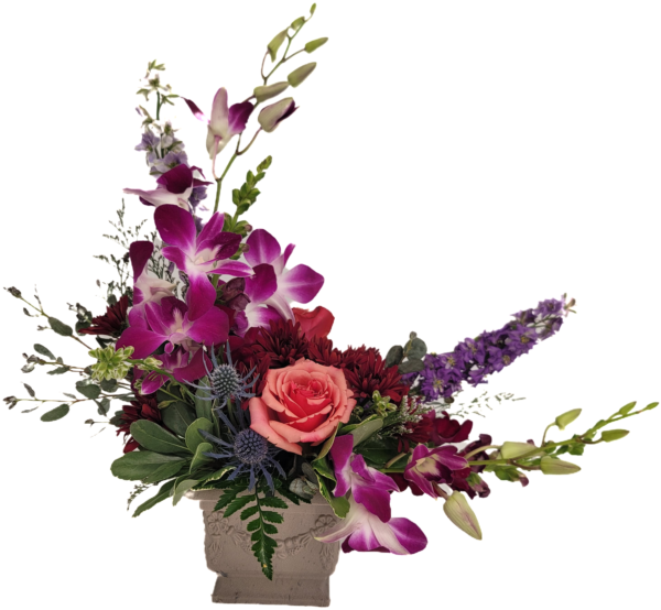 Crescent-shaped flower bouquet featuring orchids and roses.