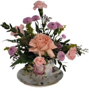 Tea Cup with Pink carnations and lavender button mums