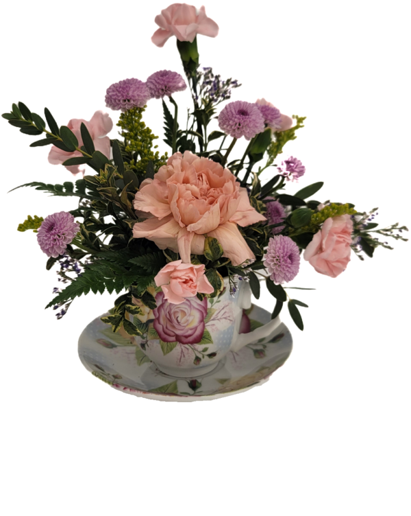 Tea Cup with Pink carnations and lavender button mums